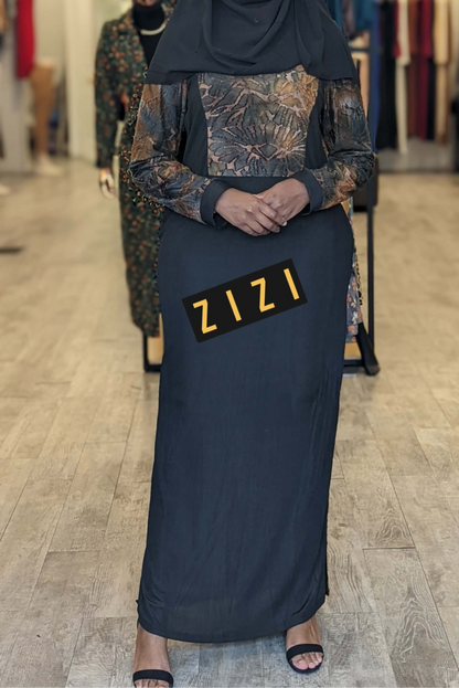 ZIZI Abaya Maxi Print Dress featuring a patterned top and solid black long skirt with modest design