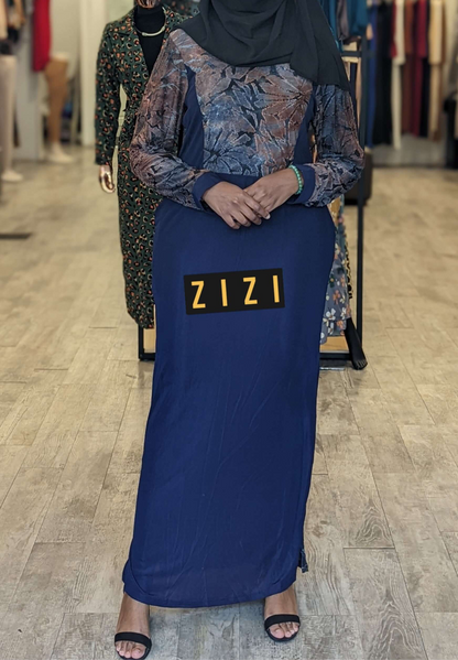 ZIZI Abaya Maxi Print Dress with floral patterned top and solid navy blue maxi skirt