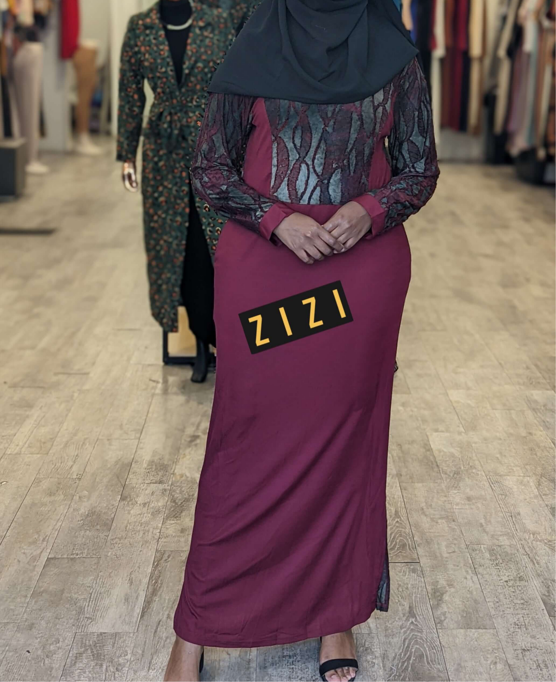ZIZI Abaya Maxi Print Dress in maroon with lace patterned sleeves and modest design