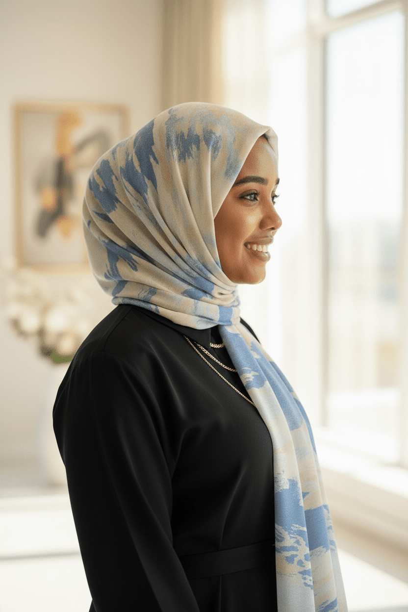 Chiffon Print Hijab — Blue, Cream & Yellow Streaks - ZIZI Boutique