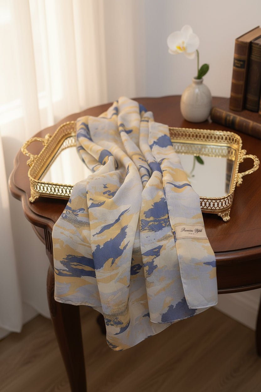 Chiffon Print Hijab — Blue, Cream & Yellow Streaks - ZIZI Boutique