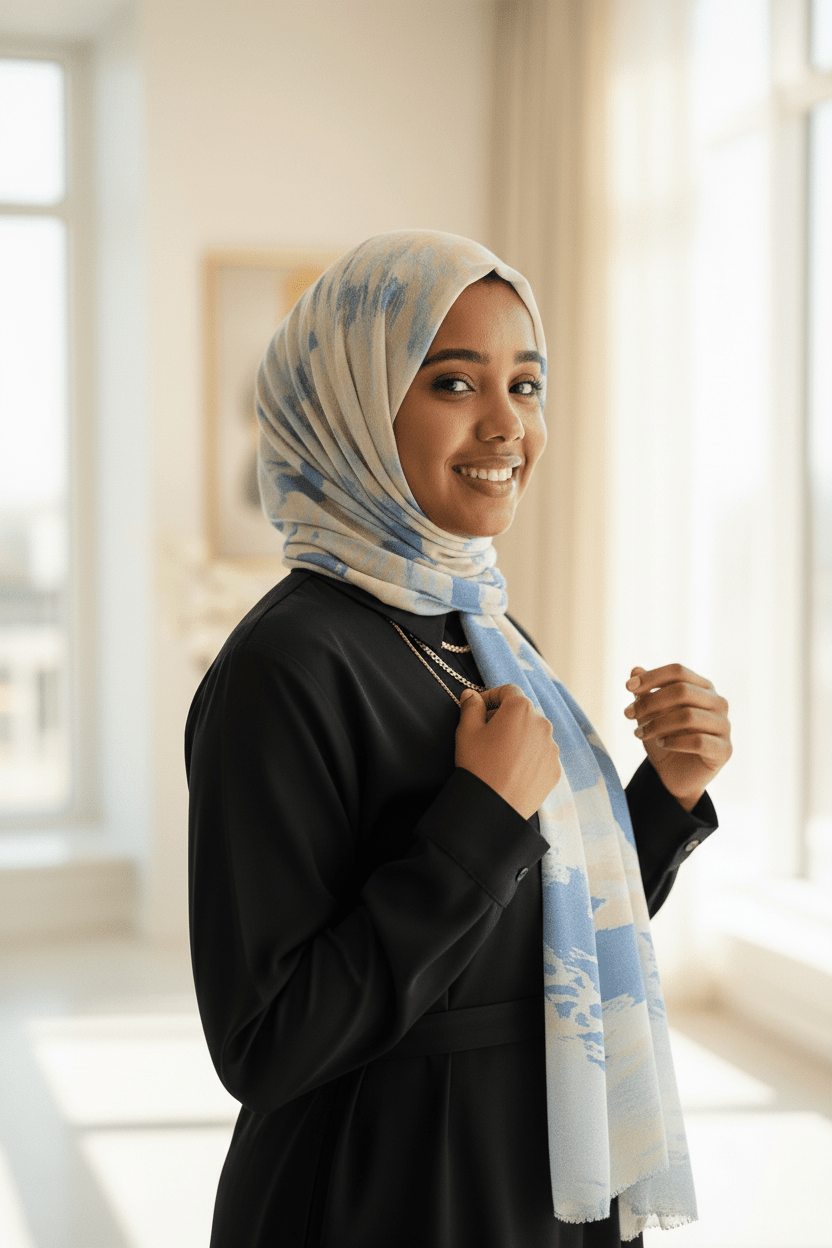 Chiffon Print Hijab — Blue, Cream & Yellow Streaks - ZIZI Boutique