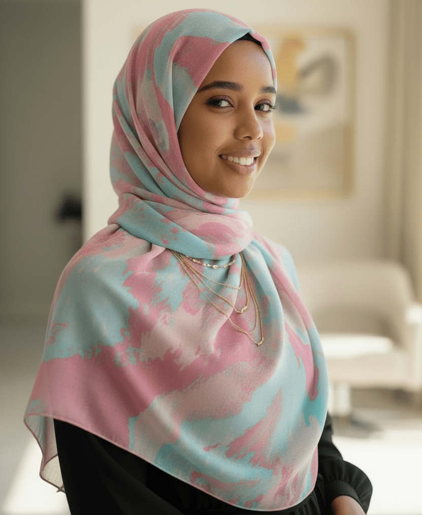 Chiffon Print Hijab — Cyan & Pink Streaks - ZIZI Boutique