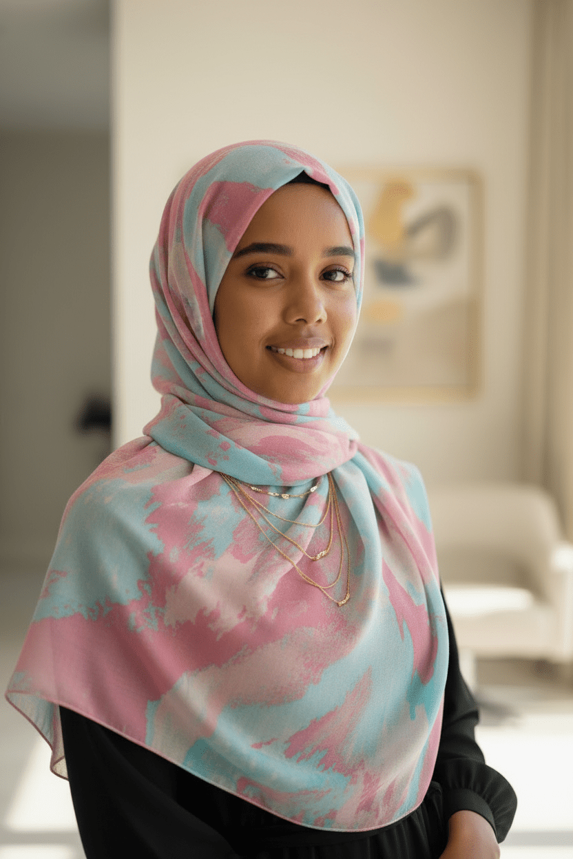 Chiffon Print Hijab — Cyan & Pink Streaks - ZIZI Boutique