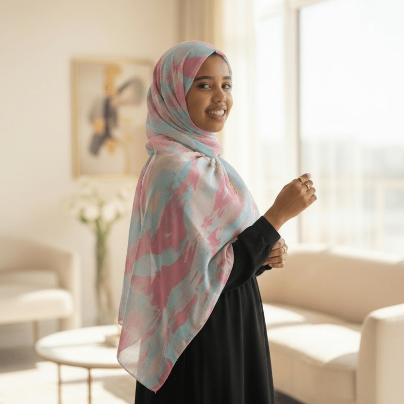 Chiffon Print Hijab — Cyan & Pink Streaks - ZIZI Boutique
