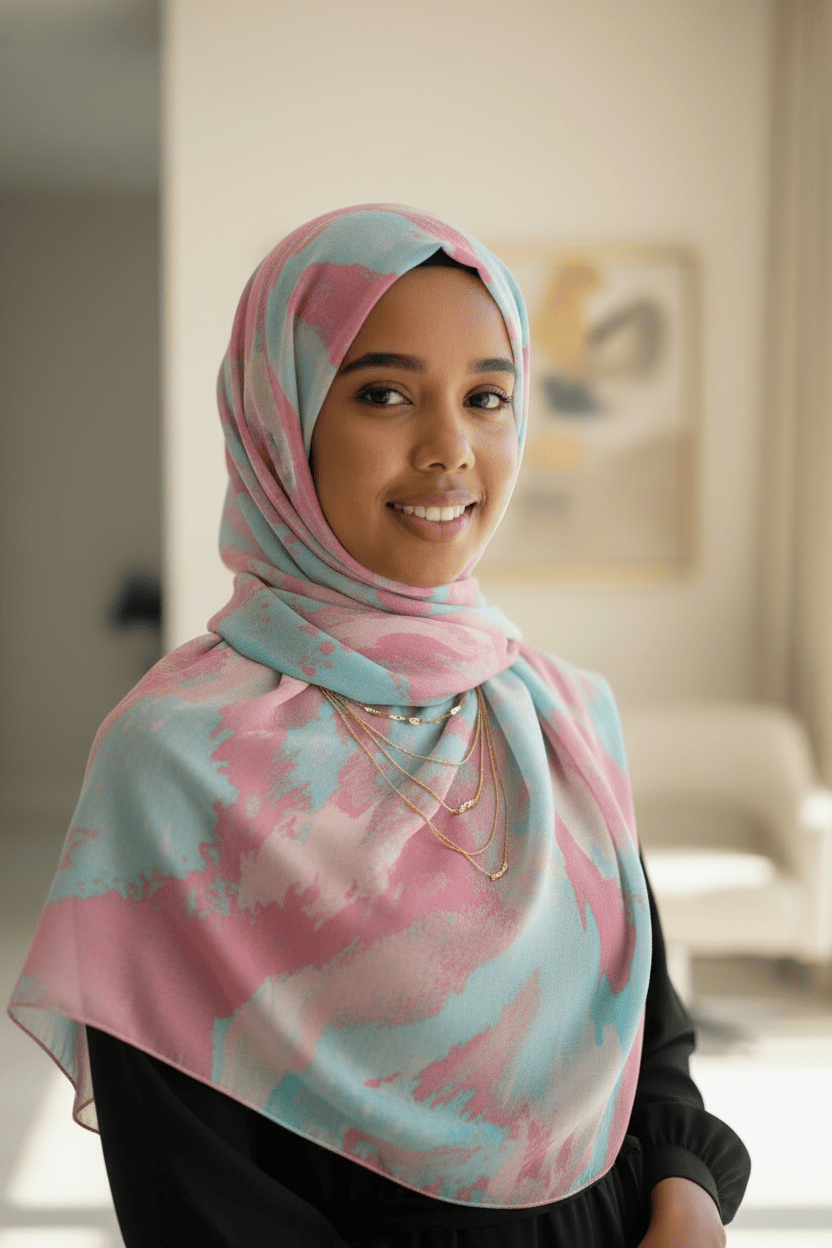 Chiffon Print Hijab — Cyan & Pink Streaks - ZIZI Boutique