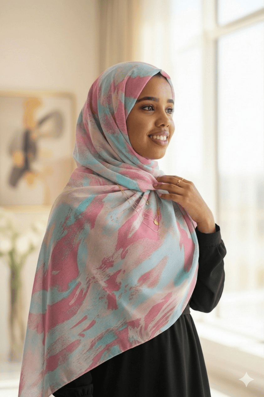 Chiffon Print Hijab — Cyan & Pink Streaks - ZIZI Boutique