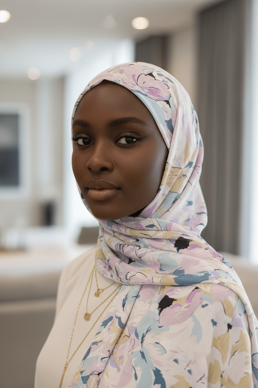 Chiffon Print Hijab — Lavender, Tan & Light Blue Flowers - ZIZI Boutique