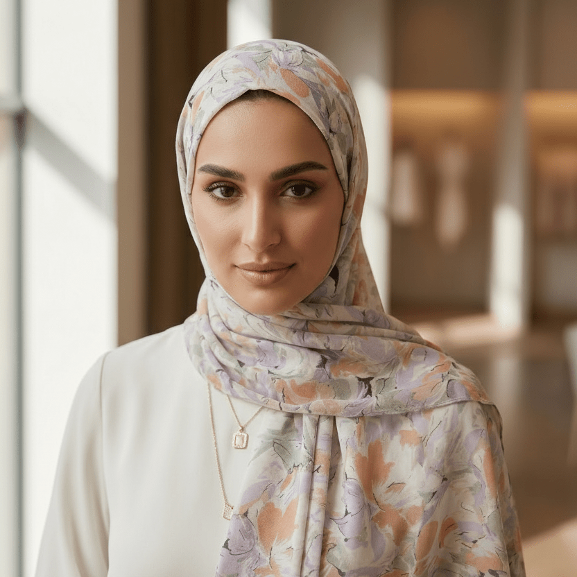 Chiffon Print Hijab — Peach, Lavender & Green Flowers - ZIZI Boutique