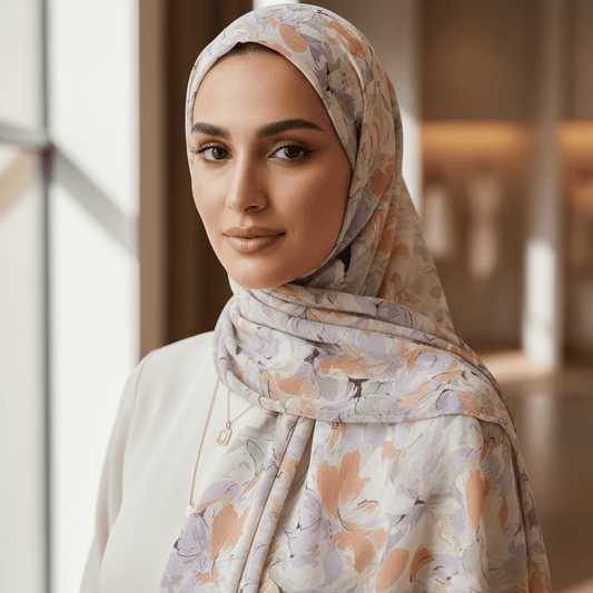 Chiffon Print Hijab — Peach, Lavender & Green Flowers - ZIZI Boutique