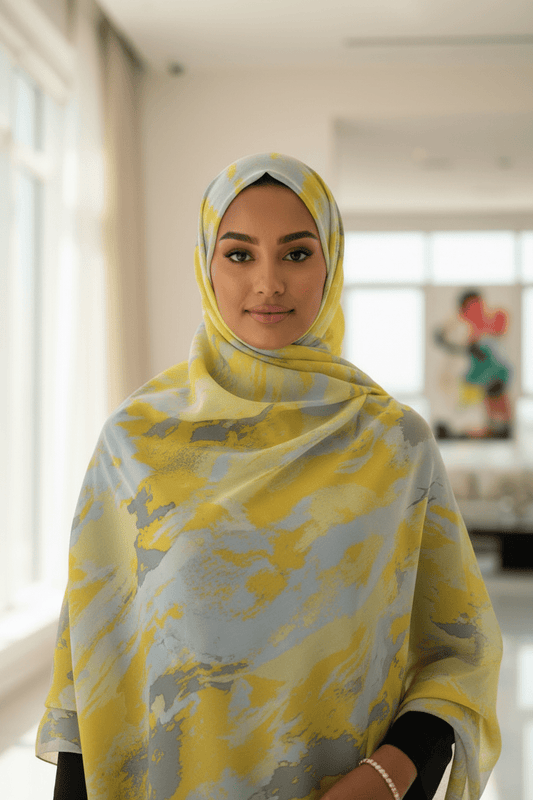 Chiffon Print Hijab — Yellow & Grey Streaks - ZIZI Boutique
