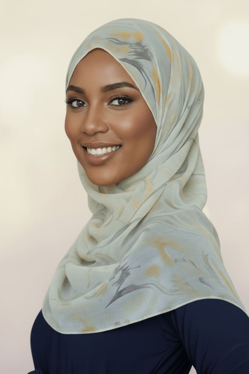 Chiffon Print Hijab — Yellow & Taupe Swirls - ZIZI Boutique