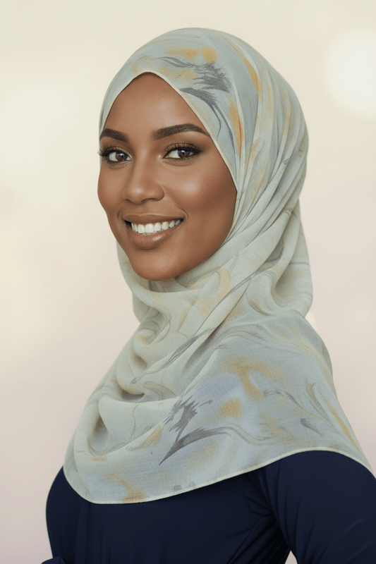 Chiffon Print Hijab — Yellow & Taupe Swirls - ZIZI Boutique