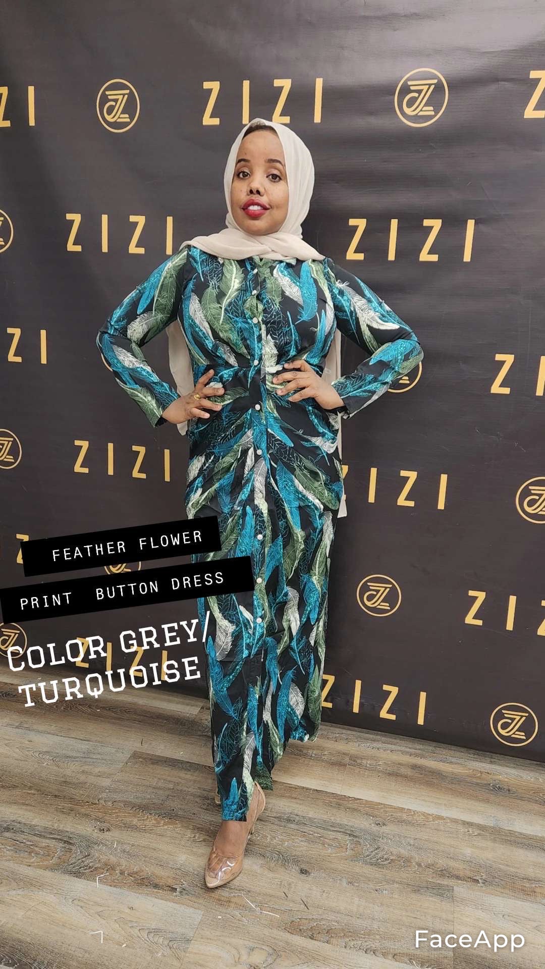 Feather Print Maxi Dress in grey and turquoise stone print with button details worn by model
