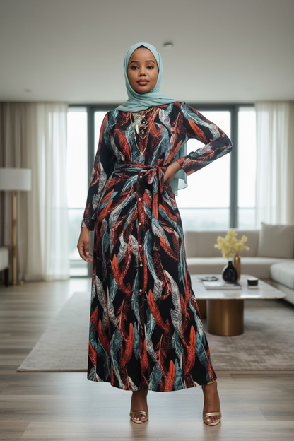 Feather Print Maxi Dress with stone-style feather flower print in mint green and red colors