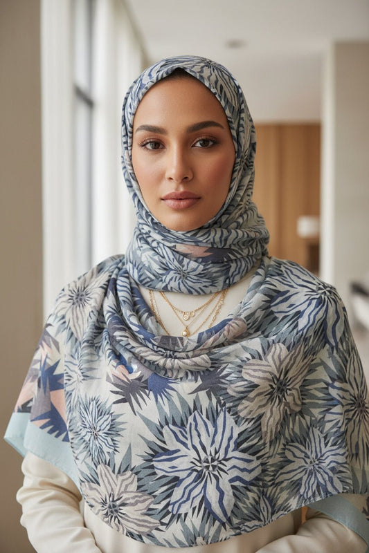 Floral Burst Print Hijab — Light Blue & White - ZIZI Boutique
