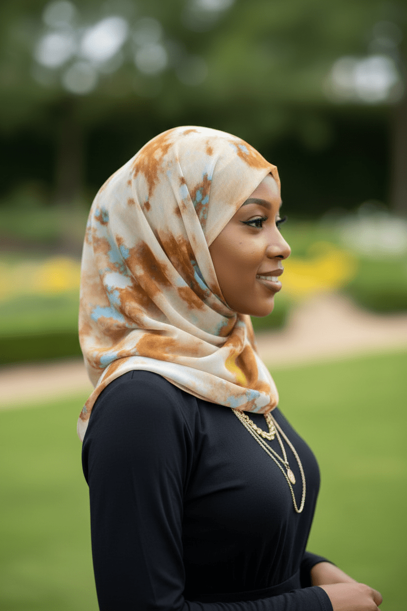 Ink Blot Chiffon Print Hijab — Caramel Yellow & Light Blue - ZIZI Boutique