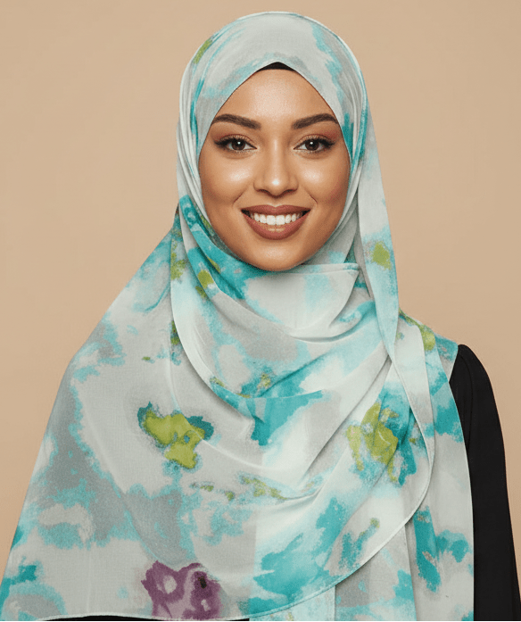 Ink Blot Chiffon Print Rectangle Hijab — Turquoise Lime & Plum | ZIZI Boutique - ZIZI Boutique