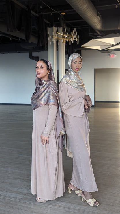 Two women wearing Jersey Patch Design Modest Maxi Dress in neutral tones for elegant style and comfort