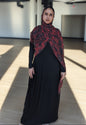 Elegant Jersey Patch Design Modest Maxi Dress in black, styled with a floral wrap for a chic look
