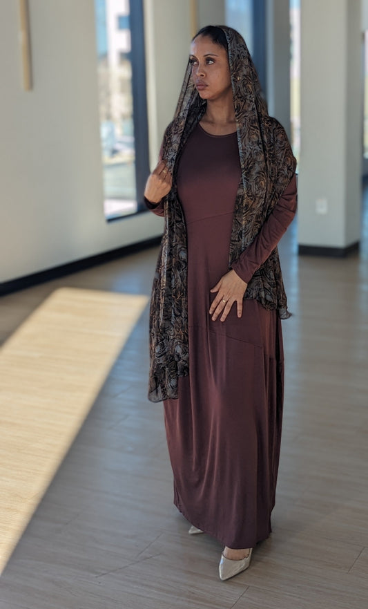 Elegant Jersey Patch Design Modest Maxi Dress in brown with matching scarf, perfect for special occasions