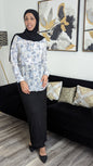 ZIZI MIDI Print Dress Shirt - Blocks worn by woman with black hijab and long black skirt