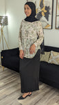 ZIZI MIDI Print Dress Shirt Blocks worn with black skirt and hijab in modern living room