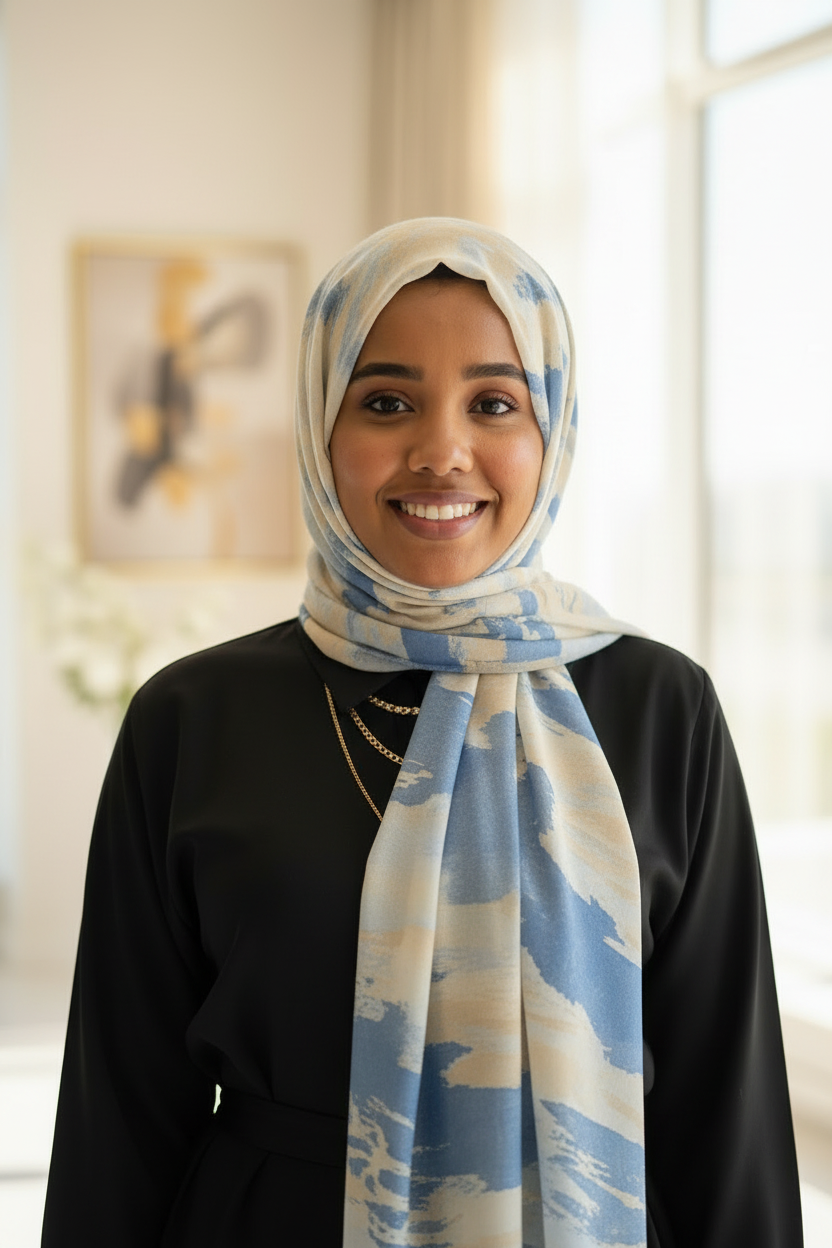 Chiffon Print Hijab - Blue Cream Yellow Streaks