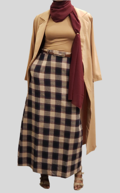 Plaid Print Women's Winter Maxi Skirt paired with beige coat and maroon scarf from ZIZI Boutique
