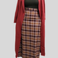 Plaid Print Women's Winter Maxi Skirt in brown tones paired with black top and red long coat