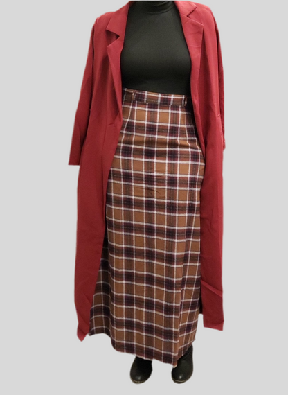 Plaid Print Women's Winter Maxi Skirt in brown tones paired with black top and red long coat