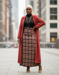 Plaid Print Women's Winter Maxi Skirt in brown tones paired with black top and red long coat