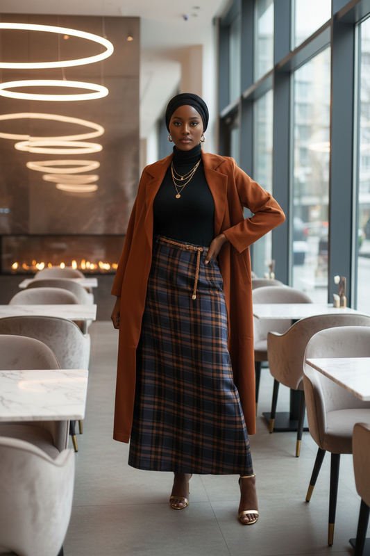 Plaid Print Women's Winter Maxi Skirt styled with black turtleneck and long rust-colored coat