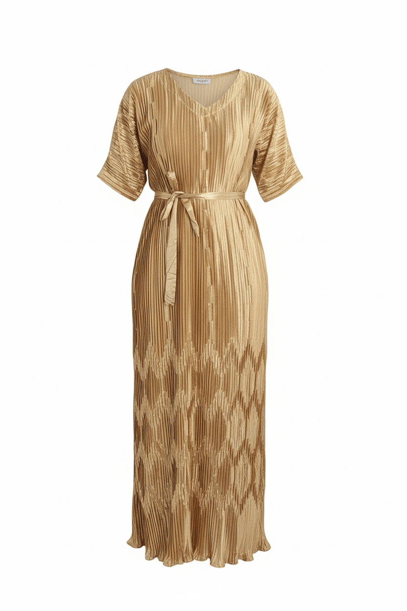 Ribbon Pleated Maxi Dress — Short Sleeve - ZIZI Boutique
