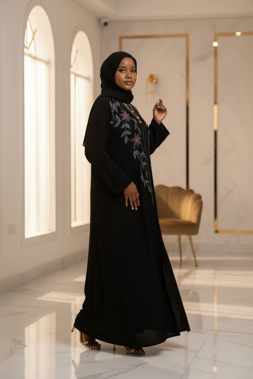 Floral Leaf Embroidered Abaya