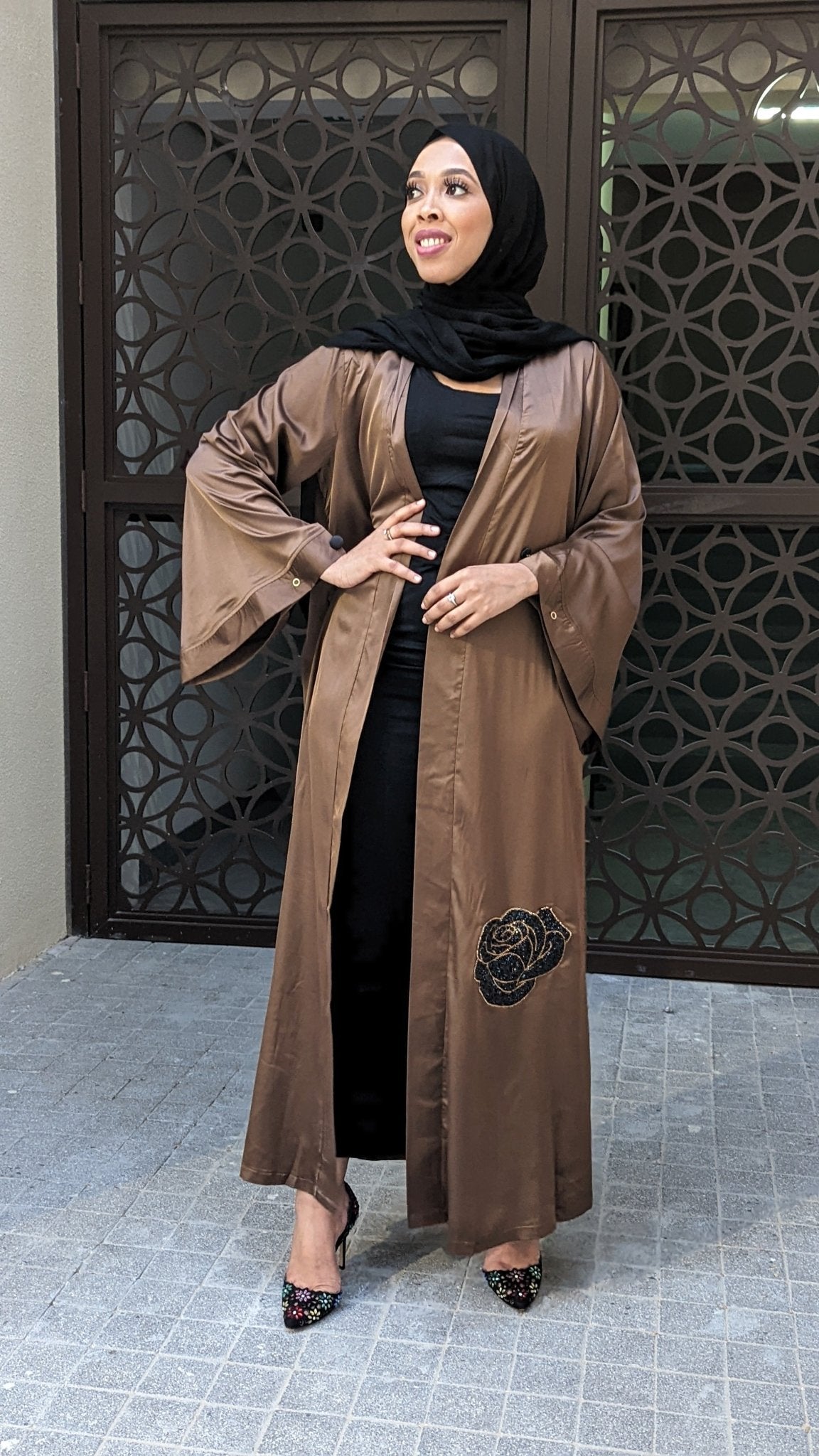 Satin Flower Kimono — Chocolate Brown - ZIZI Boutique