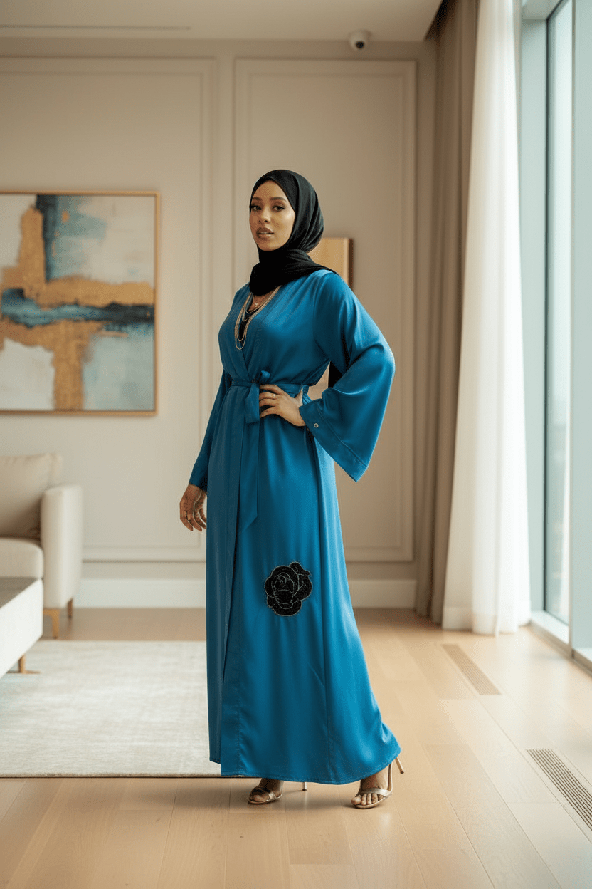 Satin Flower Kimono — Turquoise - ZIZI Boutique