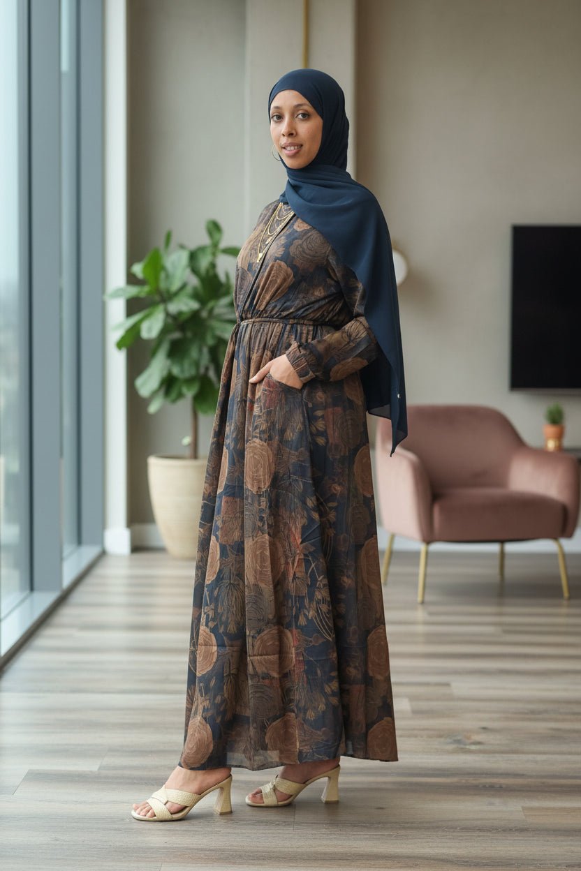 Silk Satin Print Maxi Dress — Elastic Flowy Style - ZIZI Boutique