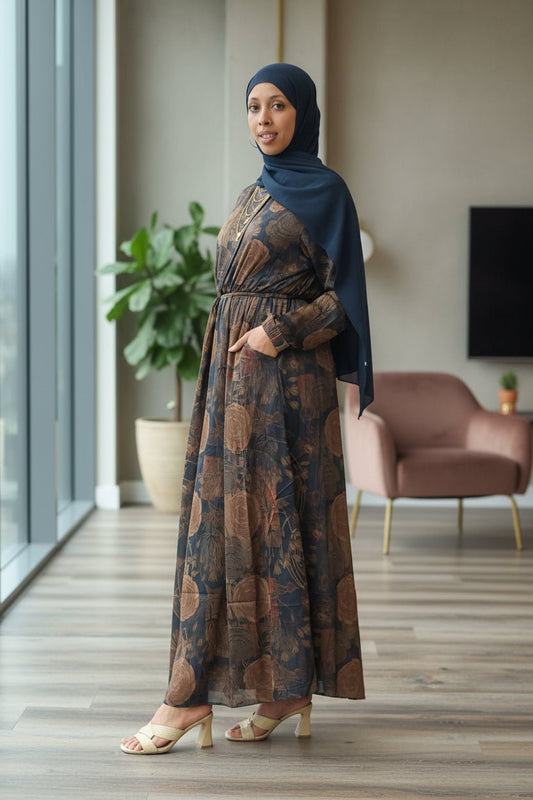 Silk Satin Print Maxi Dress — Elastic Flowy Style - ZIZI Boutique