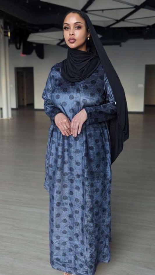 ZIZI Boutique Suede Satin Polka Dot Maxi Dress in Dark Blue for Elegant Evening Wear