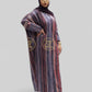 Model wearing Suede Streaks Butterfly Modest Maxi Dress with long sleeves and stylish design