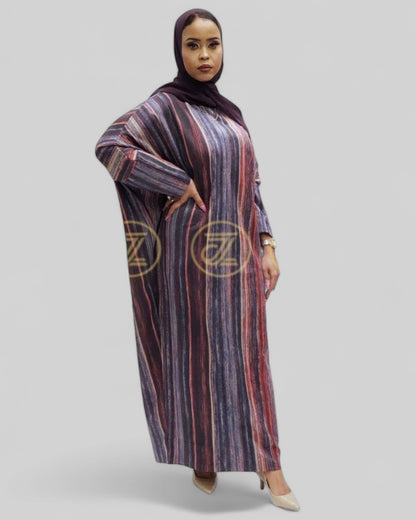 Model wearing Suede Streaks Butterfly Modest Maxi Dress with long sleeves and stylish design