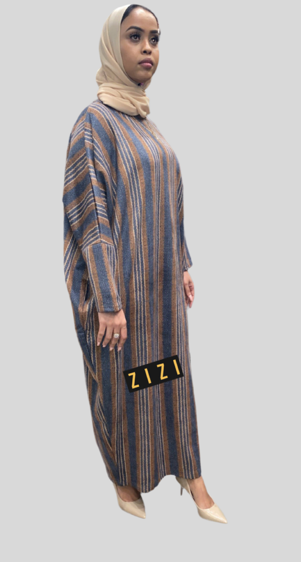 ZIZI Suede Stripes Butterfly Modest Maxi Dress in earthy tones with a loose fit and elegant design