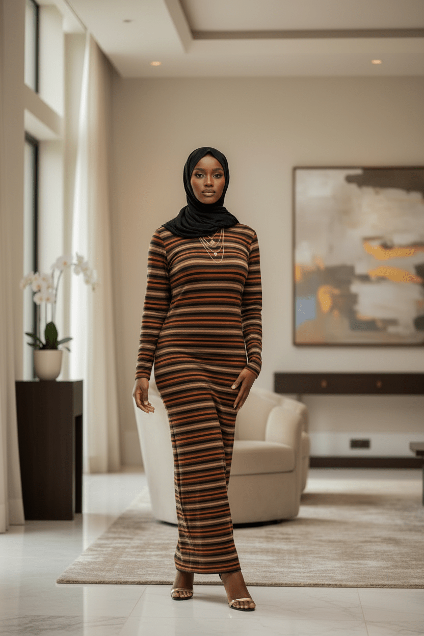 Tan Brown Orange Stripe Winter Maxi Dress - ZIZI Boutique