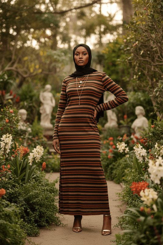 Tan Brown Orange Stripe Winter Maxi Dress - ZIZI Boutique