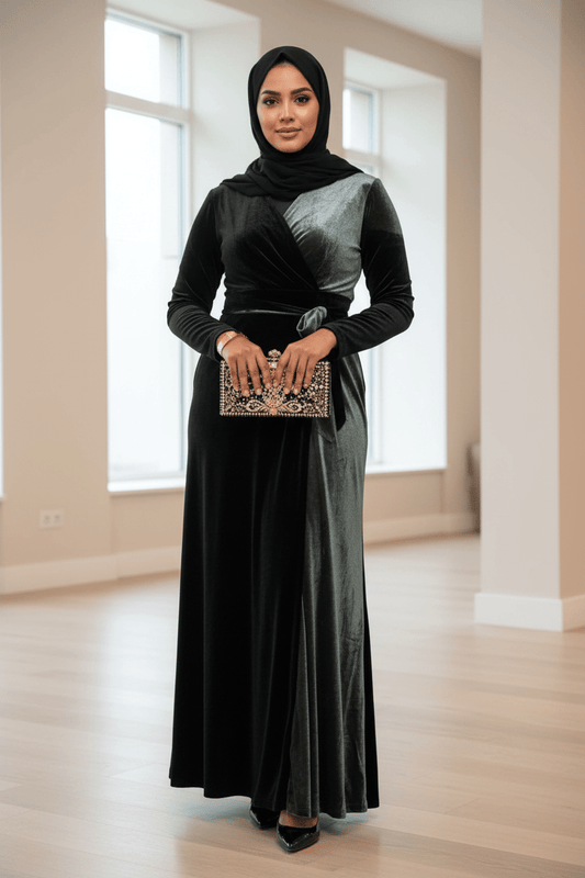 Two Tone Colorblock Velvet Evening Dress - ZIZI Boutique