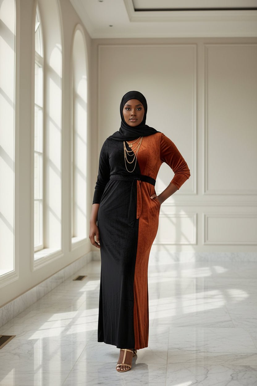 Colorblock Velvet Evening Dress Modest Two Tone Maxi | ZIZI Boutique 58 / Green/Black Colorblock Velvet Evening Dress Modest Two Tone Maxi | ZIZI Boutique 58 / Green/Black