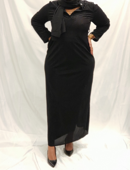 ZIZI Boutique Vintage Velvet Dress in black with vertical stripes, perfect for elegant occasions