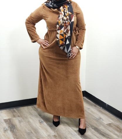 ZIZI Boutique Vintage Velvet Dress in Brown with Long Sleeves and Elegant Scarf for Stylish Outfits