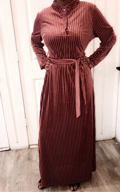 ZIZI Boutique Vintage Velvet Dress with a collared neckline and belted waist in a rich rose hue